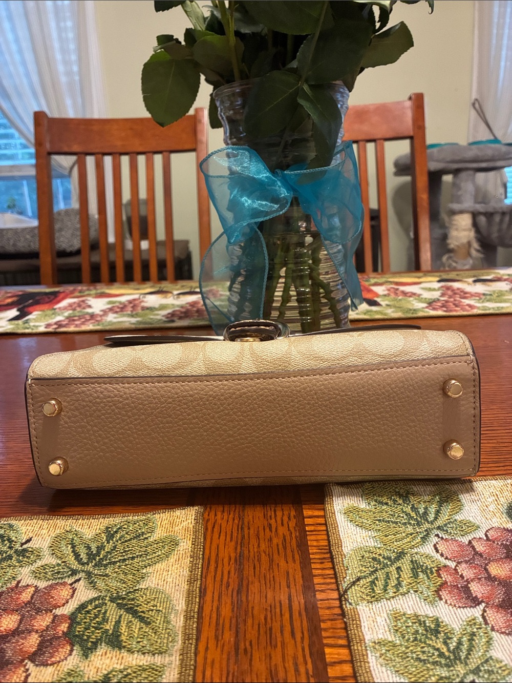 Coach Beige Signature Canvas Satchel with White Flap and Snake-Print Trim CA427 - Picture 5 of 9